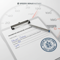 Odometer disclosure statement with notary seal and pen on white background