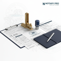 Various DMV documents with notary seal and pen on white background