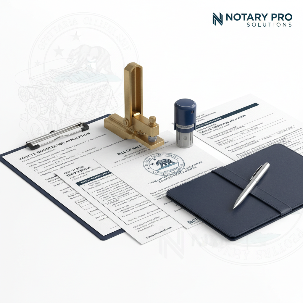 Various DMV documents with notary seal and pen on white background