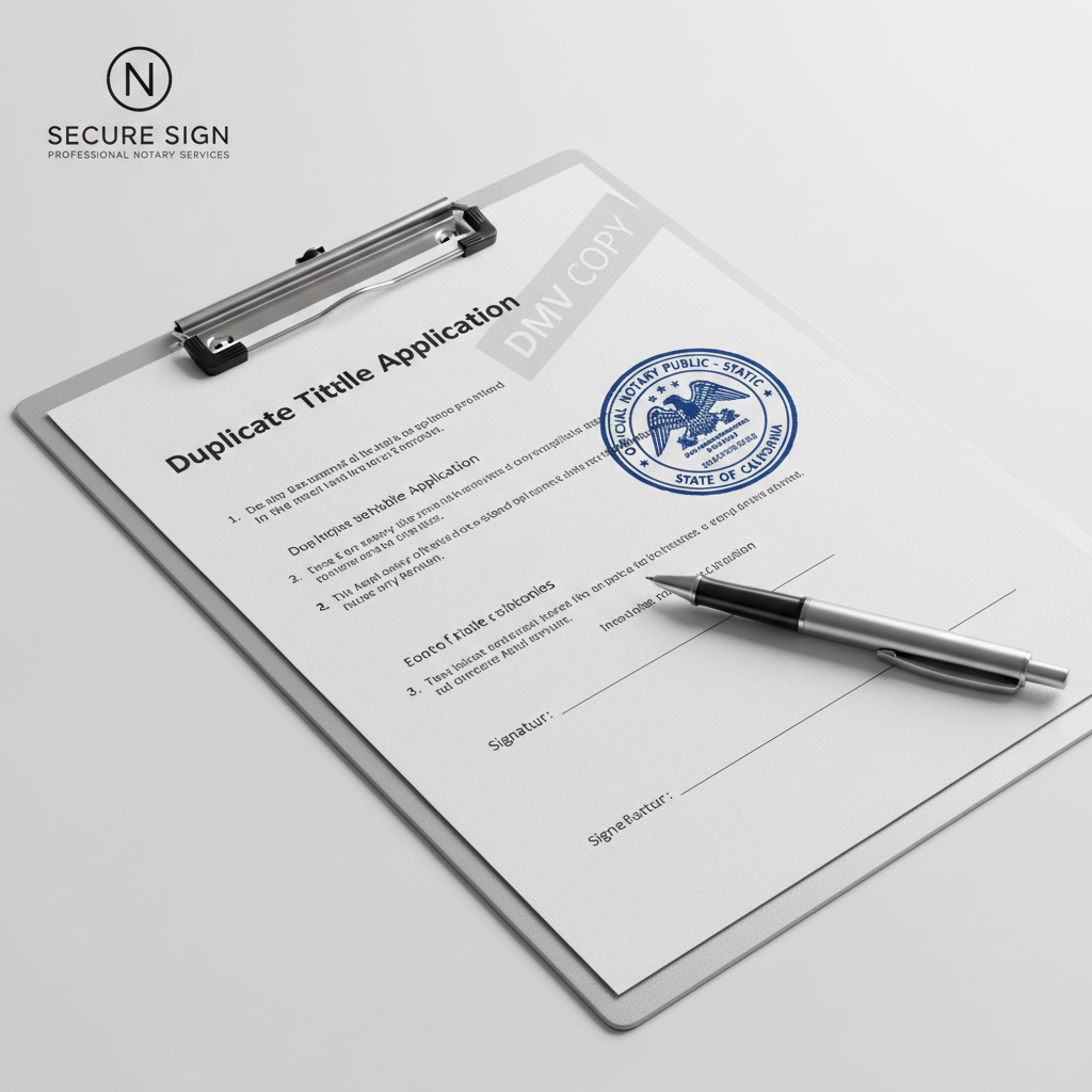 Duplicate title application form with notary seal and pen on white background
