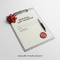Gift transfer document with notary seal and pen on white background