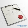 Vehicle title transfer document with notary seal and pen on white background