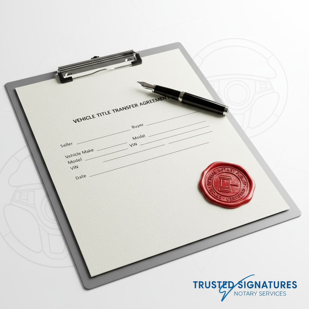 Vehicle title transfer document with notary seal and pen on white background