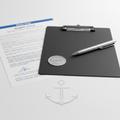 Boat and watercraft title document with notary seal and pen on white background