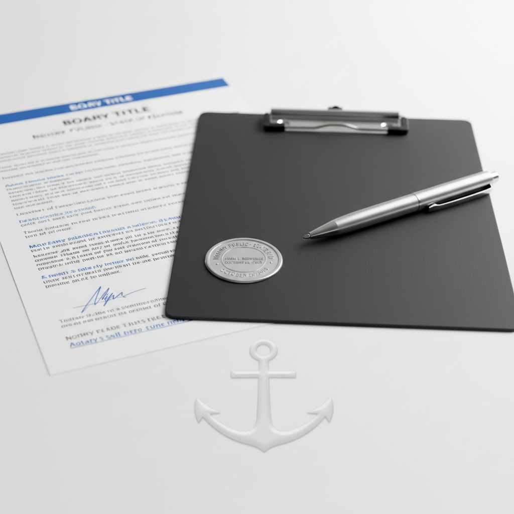 Boat and watercraft title document with notary seal and pen on white background
