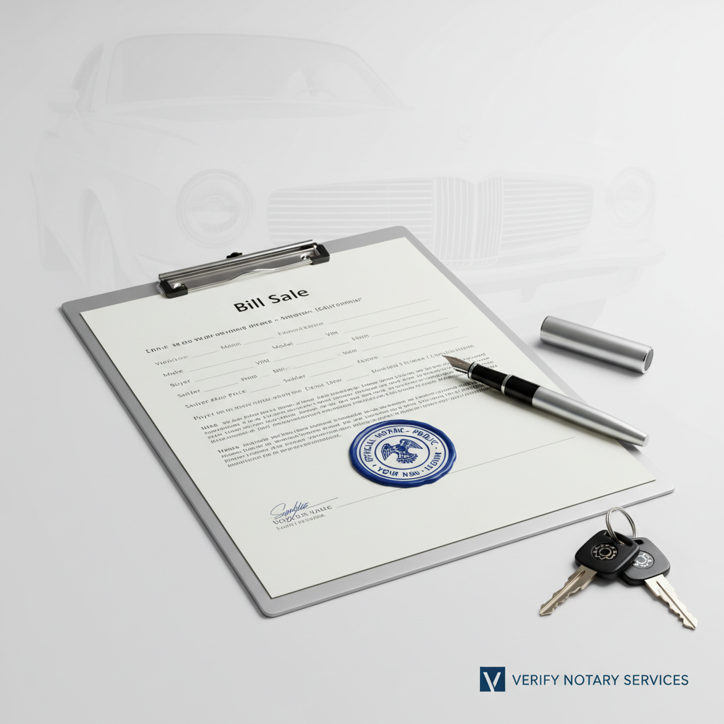 Bill of sale document with notary seal and pen on white background