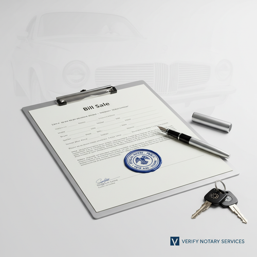 Bill of sale document with notary seal and pen on white background