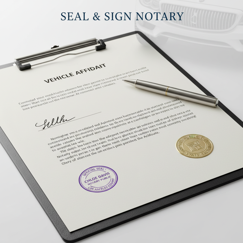 Vehicle affidavit legal document with notary seal and pen on white background